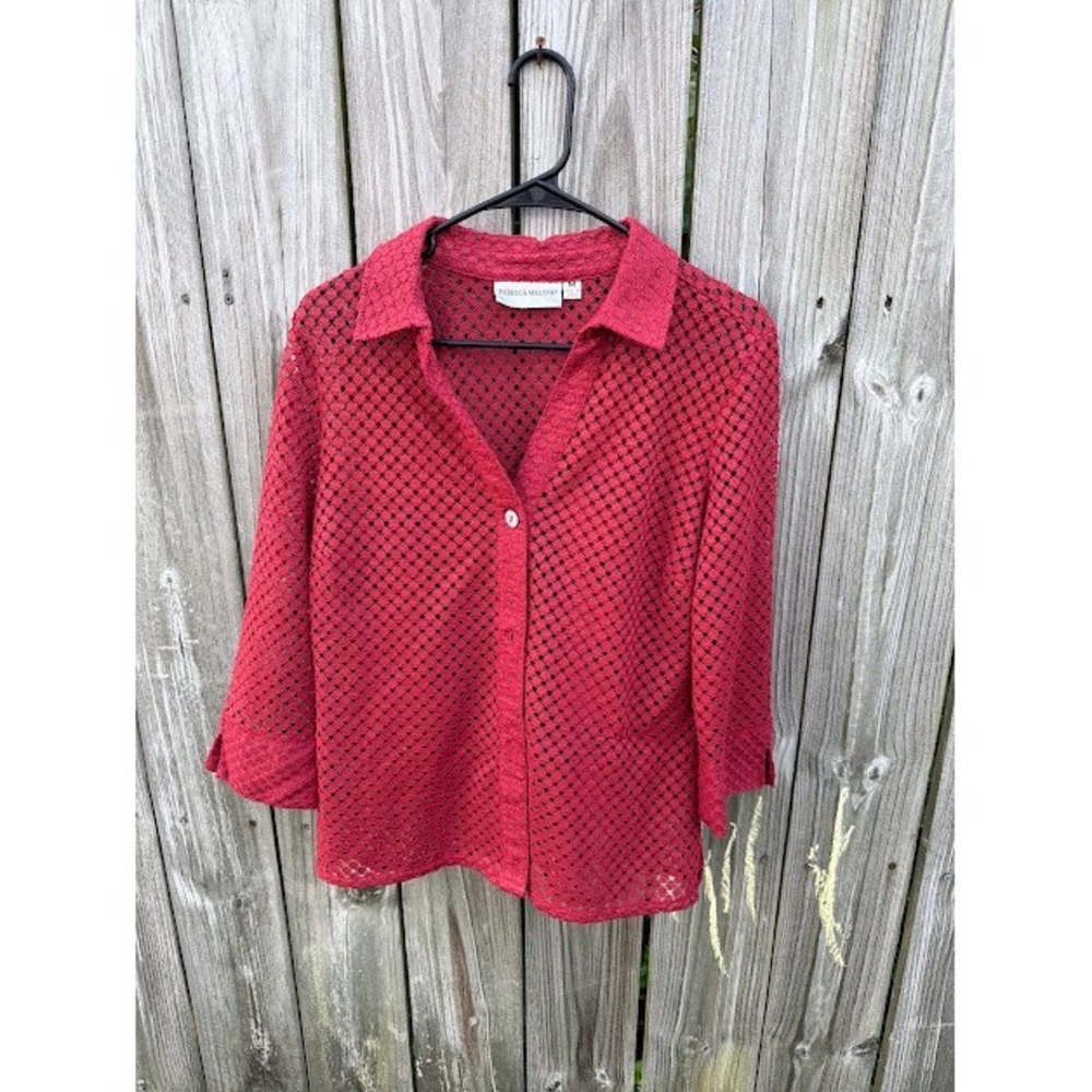Crochet Open Knit Boho Rebecca Malone Button Up Top Size M Red 3/4 Sleeve Blouse